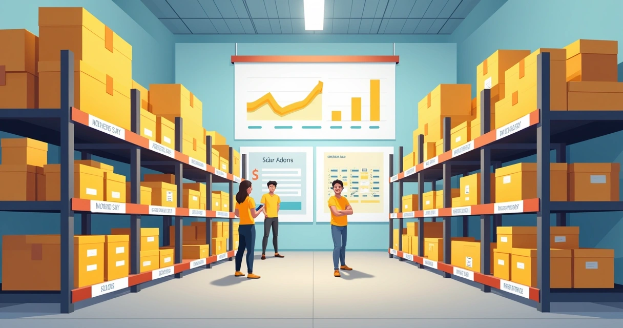 Prateleiras de estoque organizadas com produtos temáticos para datas comemorativas 