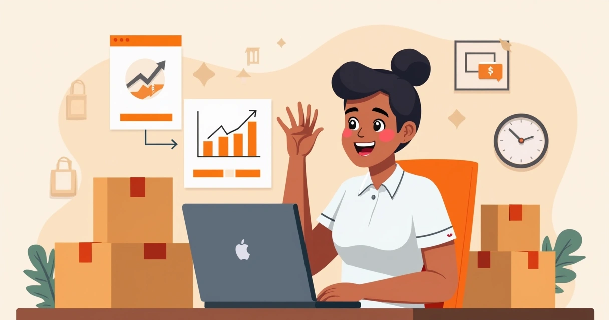 Vendedor Shopee sorrindo ao visualizar aumento de vendas no notebook