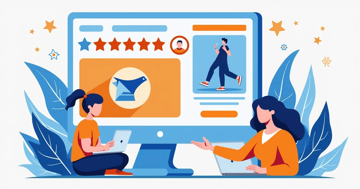 Imagem de produto digital com destaque em avaliações, preço, e fotos chamativas.