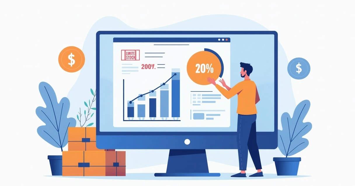 Pessoa organizando dados de vendas e definindo limites de estoque em um painel de marketplace, com gráficos e um cronômetro em destaque. 