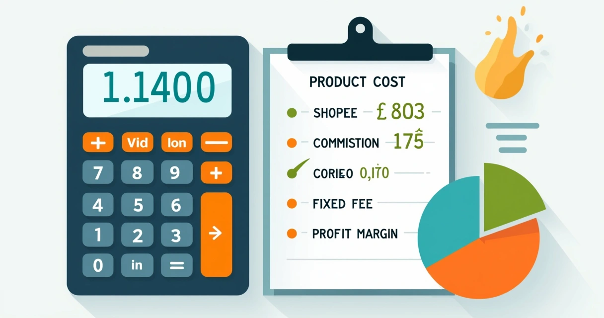 Ilustração de uma calculadora ao lado de anotações sobre comissão da Shopee 