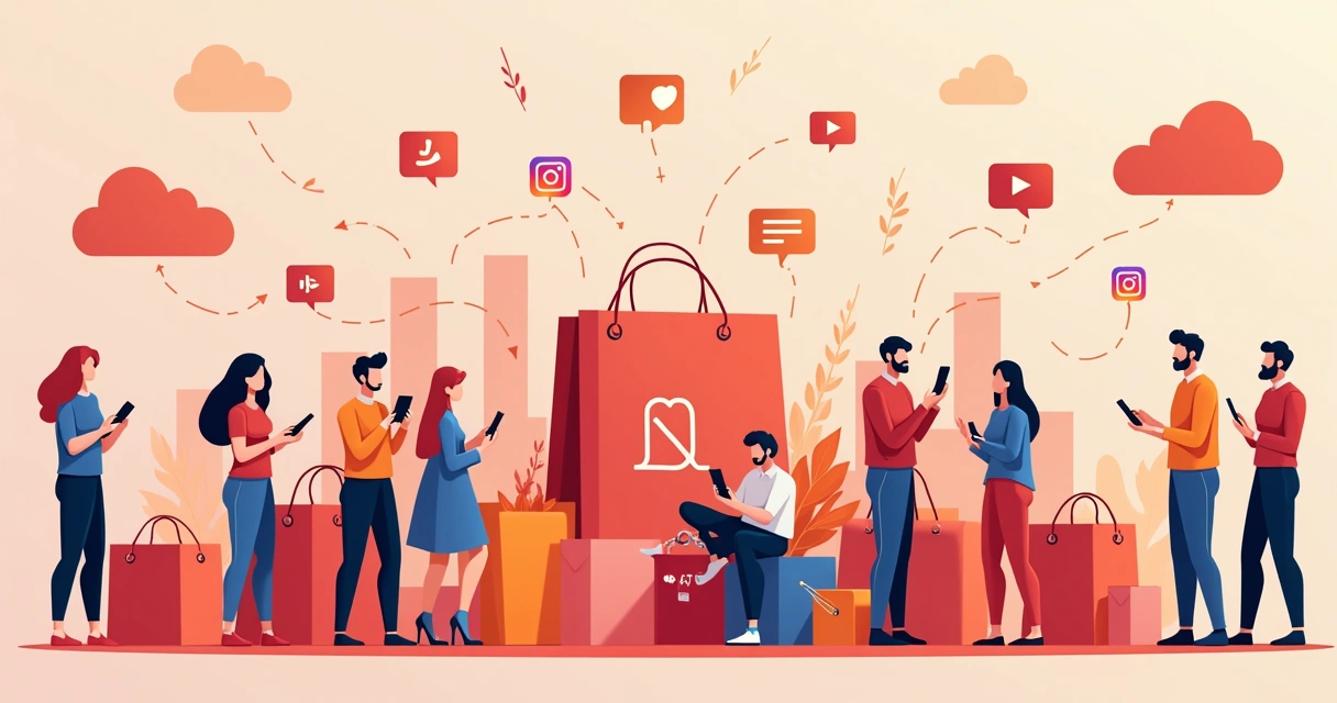 Shopee products surrounded by influencers on phones and social network icons 